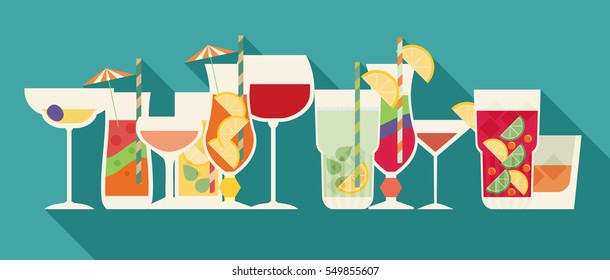 Alcohol drinks and cocktails set in flat design style with long shadow.