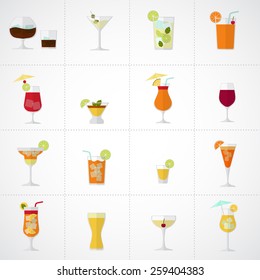 Alcohol drinks and cocktails soft and long-drinks icon set in flat design style.