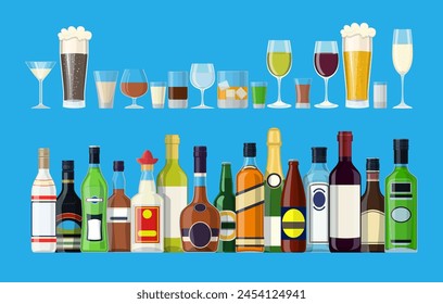 Alcohol drinks collection. Bottles with glasses. Vodka champagne wine whiskey beer brandy tequila cognac liquor vermouth gin rum absinthe bourbon. Vector illustration in flat style