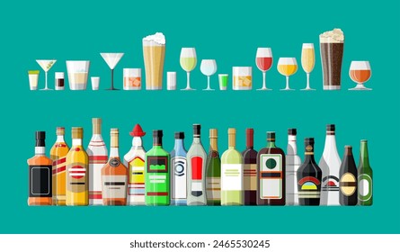 Alcohol drinks collection. Bottles with glasses. Vodka champagne wine whiskey beer brandy tequila cognac liquor vermouth gin rum absinthe sambuca cider bourbon. Vector illustration in flat style.