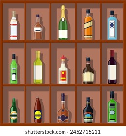 El alcohol bebe colección. Botellas en el estante. Vodka champán vino whisky cerveza brandy tequila coñac licor vermut ginebra ron absenta sambuca sidra bourbon. Ilustración vectorial en estilo plano