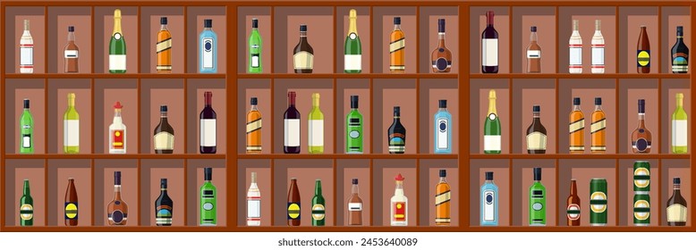 Alcohol drinks collection. Bottles on shelf. Vodka champagne wine whiskey beer brandy tequila cognac liquor vermouth gin rum absinthe sambuca cider bourbon. Vector illustration in flat style