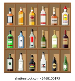 El alcohol bebe colección. Botellas en el estante. Vodka champán vino whisky cerveza brandy tequila coñac licor vermut ginebra ron absenta sambuca sidra bourbon. Ilustración vectorial en estilo plano.