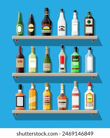 Alcohol drinks collection. Bottles on shelf. Vodka champagne wine whiskey beer brandy tequila cognac liquor vermouth gin rum absinthe sambuca cider bourbon. Vector illustration in flat style.