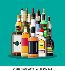 Alcohol drinks collection. Bottles with vodka champagne wine whiskey beer brandy tequila cognac liquor vermouth gin rum absinthe sambuca cider bourbon. Vector illustration in flat style.