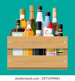 Bebidas alcohólicas colección en caja. Botellas con vodka champán vino whisky cerveza brandy tequila coñac licor vermut ginebra ron absenta sidra bourbon. Ilustración vectorial en estilo plano.