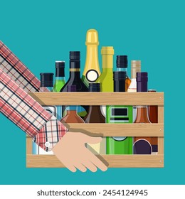 Alcohol drinks collection in box in hand. Bottles with vodka champagne wine whiskey beer brandy tequila cognac liquor vermouth gin rum absinthe bourbon. Vector illustration in flat style