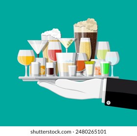 Alcohol drinks collection in glasses in hand. Vodka champagne wine whiskey beer brandy tequila cognac liquor vermouth gin rum absinthe sambuca cider bourbon. Vector illustration in flat style.