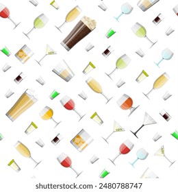 Alcohol drinks collection in glasses seamless pattern. Vodka champagne wine whiskey beer brandy tequila cognac liquor vermouth gin rum absinthe sambuca cider bourbon. Vector illustration in flat style