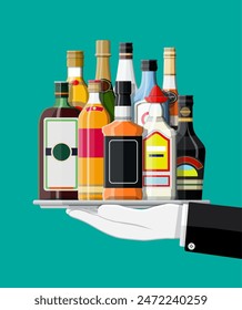 Alcohol drinks collection in tray of waiter. Bottles with vodka champagne wine whiskey beer brandy tequila cognac liquor vermouth gin rum absinthe sambuca cider bourbon. Vector illustration flat style