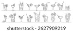 Alcohol drinks in continuous one line drawing . Alcoholic beverages glasses, shots of strongest liquors and chill whiskey, from classic cocktails to craft beer, isolated vector illustration set