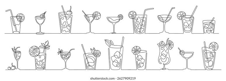 Alcohol drinks in continuous one line drawing . Alcoholic beverages glasses, shots of strongest liquors and chill whiskey, from classic cocktails to craft beer, isolated vector illustration set