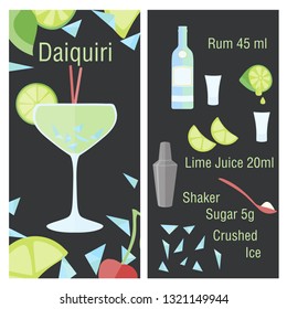 Alcohol drinks and Daiquiri cocktail icon set in flat design style