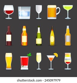 Alcohol drinks decorative icons set with cocktail beer wine vodka isolated vector illustration