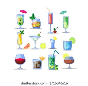 Kit de iconos llanos para bebidas alcohólicas. Conocidos cócteles coloridos en vasos aislados colección de ilustraciones vectoriales. Bebidas y concepto de fiesta