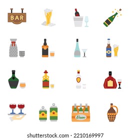 Alcohol drinks flat icon set. Bottles, glasses for restaurants and bars.