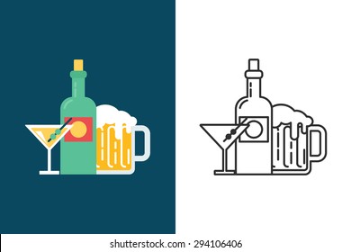 Alcohol drinks flat and line style vector icon
