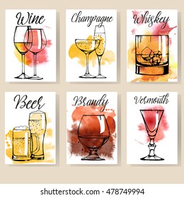 Alcohol drinks flyer design set. champagne, red wine, white wine, vermouth, brandy, whiskey, beer. Vector set. watercolor texture.