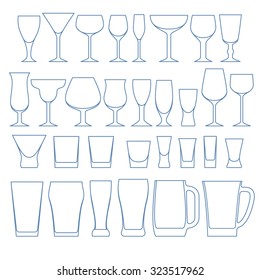 Alcohol drinks glasses set outline vector illustration. Wine whiskey vodka beer crockery.