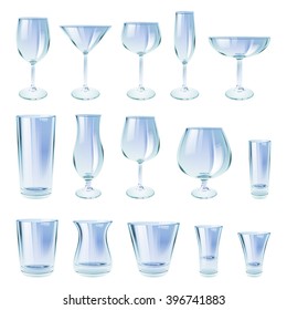 Alcohol drinks glasses set outline vector illustration. Wine whiskey vodka beer crockery.
