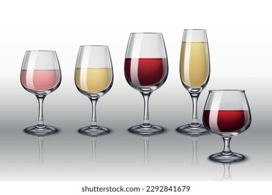 Alcohol drinks glassware composition with realistic front view with various glasses of wine on gradient background vector illustration