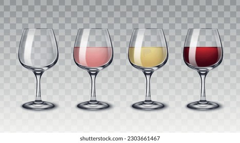 Alcohol drinks glassware set with realistic images of drinking glasses empty and filled with colorful liquid vector illustration