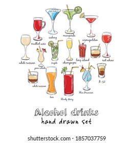 Alcohol drinks. Hand drawn illustration of cocktail, including recipes and ingredients. Vector collection.