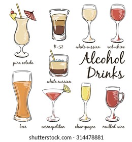 Alcohol drinks. Hand drawn illustration of cocktail, including recipes and ingredients. Vector collection.