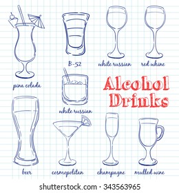 Alcohol drinks. Hand drawn illustration of cocktail, including recipes and ingredients. Vector collection.