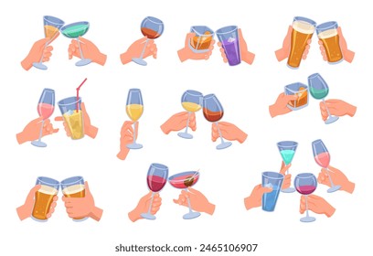 Alcohol drinks in hands. People holding transparent glasses with whiskey vodka champagne cocktail exact vector party toast