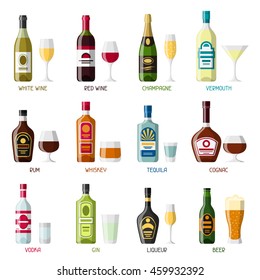 Alcohol drinks icon set. Bottles, glasses for restaurants and bars.