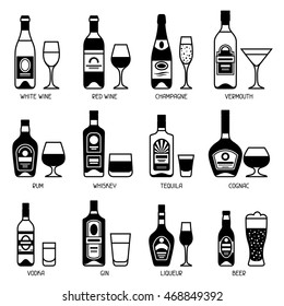 Alcohol drinks icon set. Bottles, glasses for restaurants and bars.