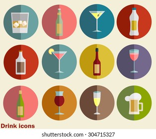 Alcohol drinks icon set flat style,vector illustration