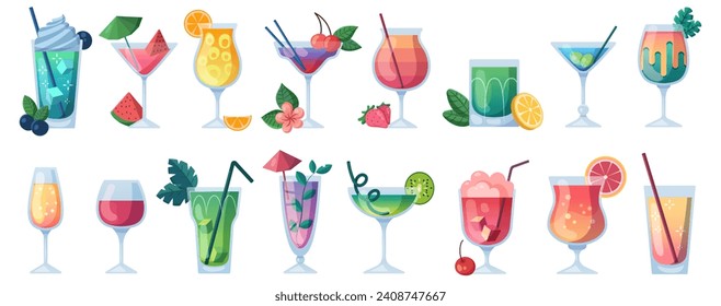 Alcohol drinks icon set in trendy flat design style. Popular cocktails for design menu, bar. Set icon