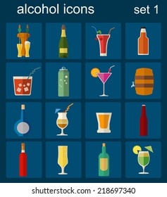 Alcohol drinks icons. 16 flat icons set. Vector illustration