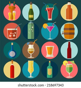 Alcohol drinks icons. 16 flat icons set. Vector illustration