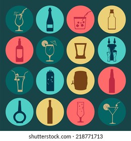 Alcohol drinks icons. 16 flat icons set. Vector illustration