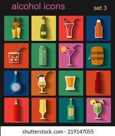 Alcohol drinks icons. 16 flat icons set. Vector illustration
