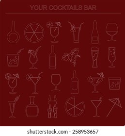 Alcohol drinks icons. 16 flat icons set. Vector illustration