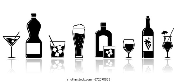 Alcohol drinks icons. Banner design. Cocktails, wine, whiskey, beer. Vector set.