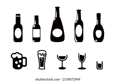 Alcohol drinks icons, bottles and glasses with beer, wine and bar cocktails. Bar or pub symbols for alcoholic beverage signs vector set.