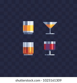 Alcohol drinks icons set. Alcoholic beverages symbols. Glass of wine and mug pixel art icon. Isolated vector illustration collection.