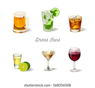 Alcohol drinks icons set, realistic vector illustration