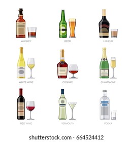 Alcohol drinks icons set. Vector bottles and glasses illustrations of wine, whiskey, vodka, vermouth, cognac, beer, liqueur, champagne.