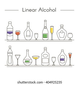 Alcohol Drinks Icons in Thin Line Style. Collection of Bar Icons. Set of different drinks and bottles on the shelves. Vector illustration.