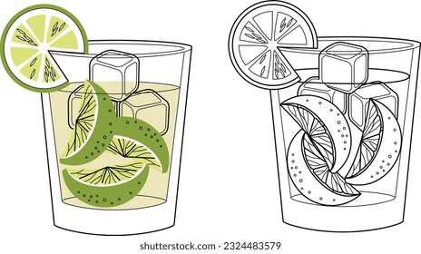 Alcohol drinks line art illustration. Vector illustration Caipirinha