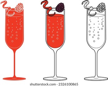 Alcohol drinks line art illustration. Vector illustration Kir Royale cocktail