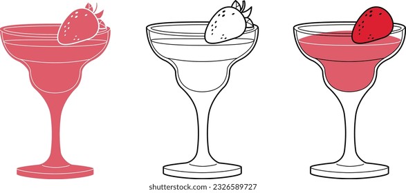 Alcohol drinks line art illustration. Vector illustration STRAWBERRY Daiquiri cocktail