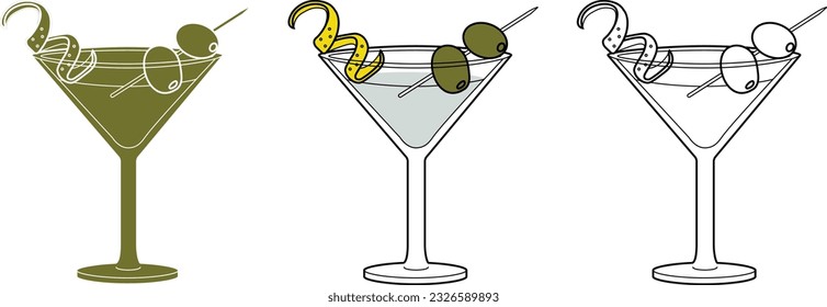 Alcohol drinks line art illustration. Vector illustration Dry martini cocktail