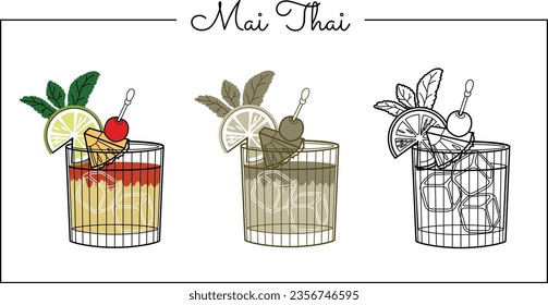 Alcohol drinks line art illustration. Vector illustration cocktail